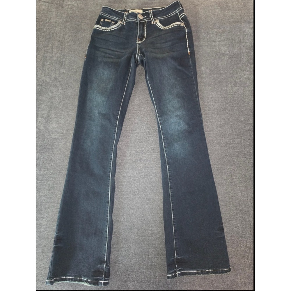 Rocky Diva Dark Wash Bootcut Jeans Contrast Stitch Thick Embroidery Size 5 S